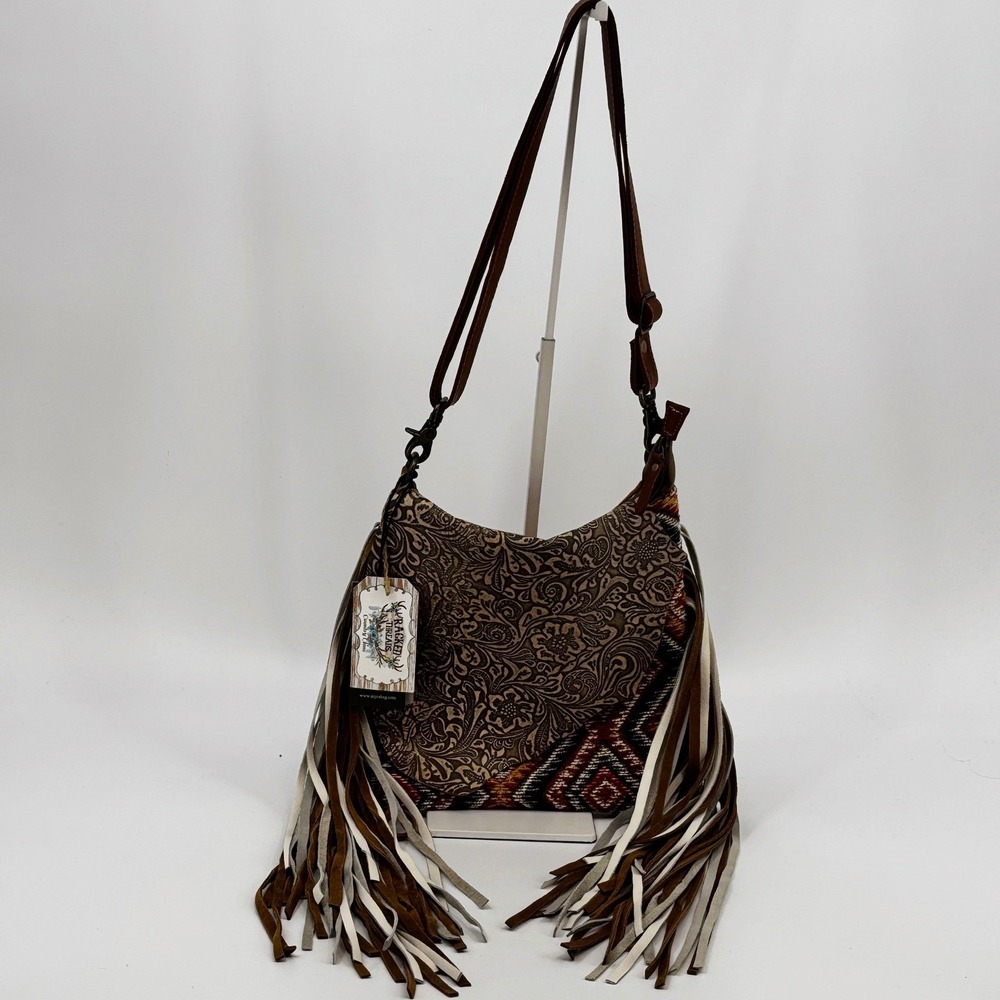 Myra Bag Concealed Carry Crossbody Western Taupe Floral‎ Leather Fringe S-5640